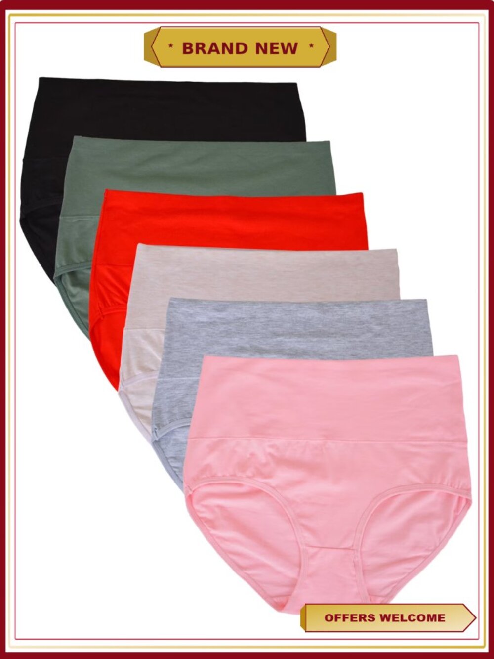 6 Pack High Waist Tummy Control Cotton Brief Panties Women's Underwear
